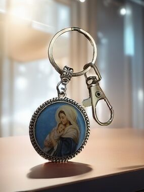 Religious Madonna & Child Round Keychain - Blue and Silver